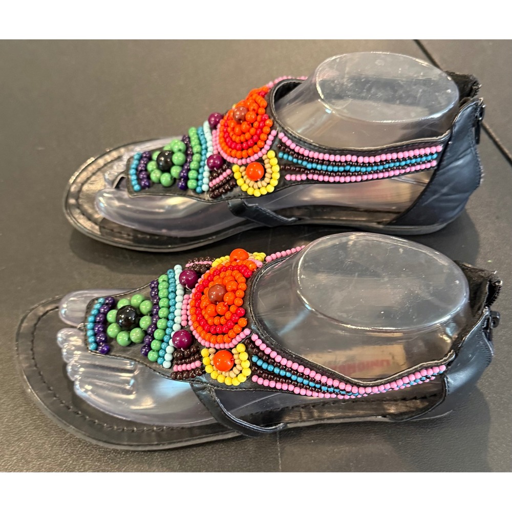 Unionbay Womens 8 Sandals Black Multi Color Beaded Bohemian Thong Back Zip Flat - Picture 5 of 9